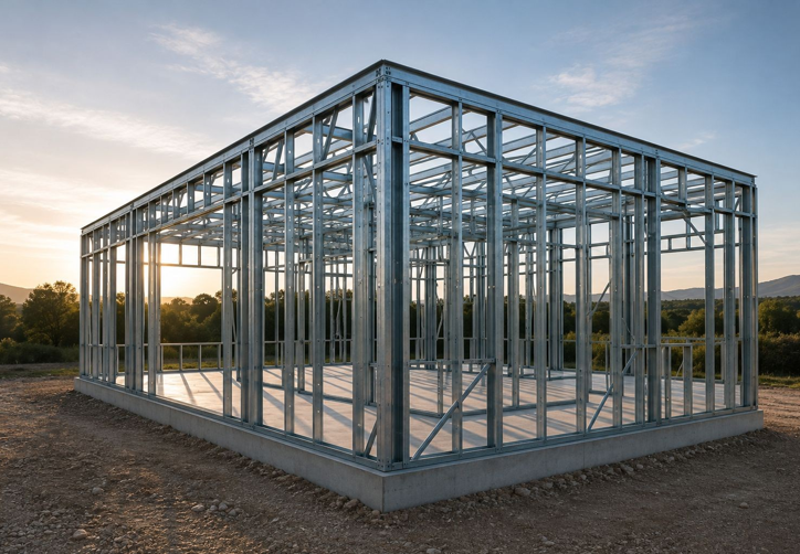 Estructura Steel Frame de vivienda industrializada en obra gris
